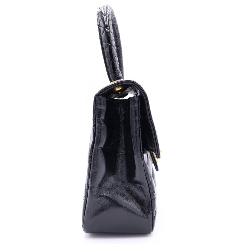 Chanel Quilted Patent Leather Gold Top Handle Handbag Black — view 3