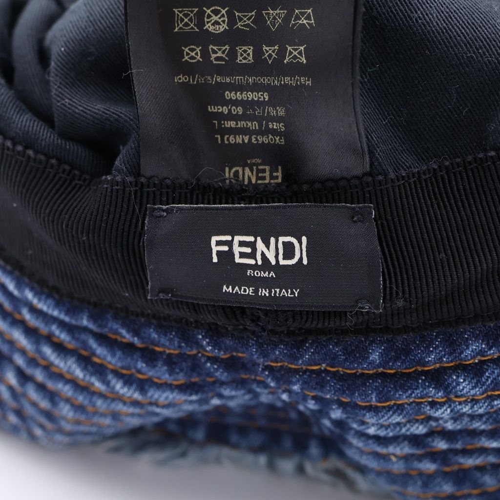 Fendi Logo Embroidery Cutoff Denim Fringe Bucket Hat Indigo — view 7