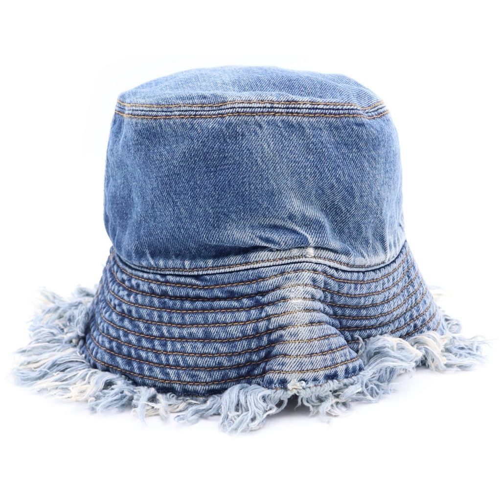 Fendi Logo Embroidery Cutoff Denim Fringe Bucket Hat Indigo — view 2