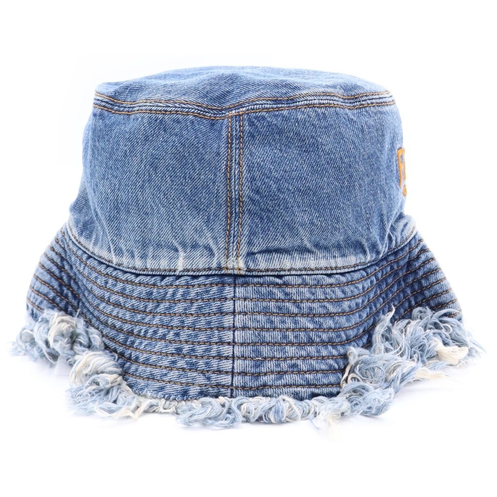 Fendi Logo Embroidery Cutoff Denim Fringe Bucket Hat Indigo — view 3