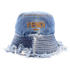 Fendi Logo Embroidery Cutoff Denim Fringe Bucket Hat Indigo — view 4