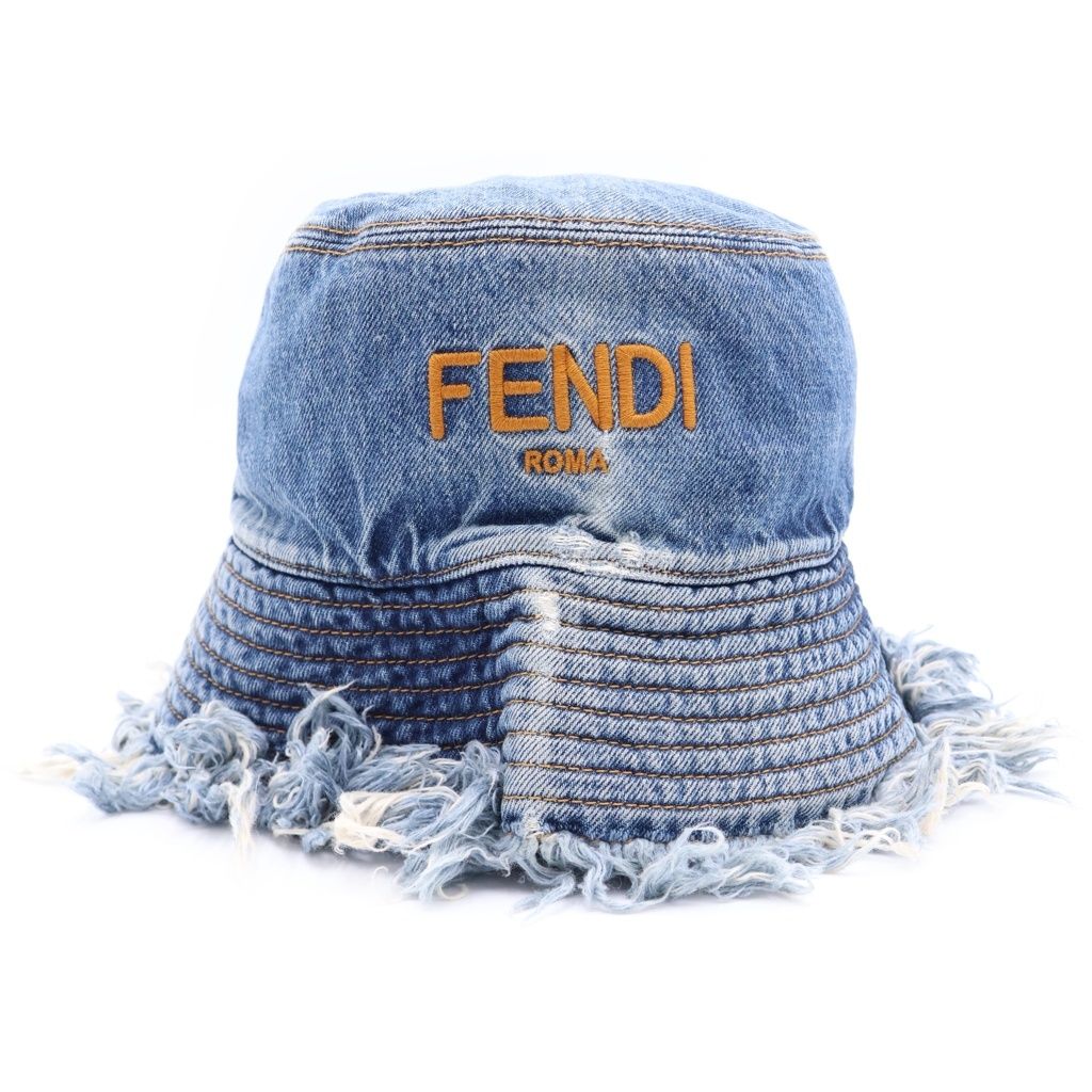 Fendi Logo Embroidery Cutoff Denim Fringe Bucket Hat Indigo — view 4