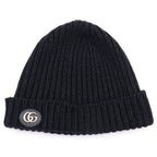 Gucci GG Logo Patch Wool Rib Knit Lame Hat Black