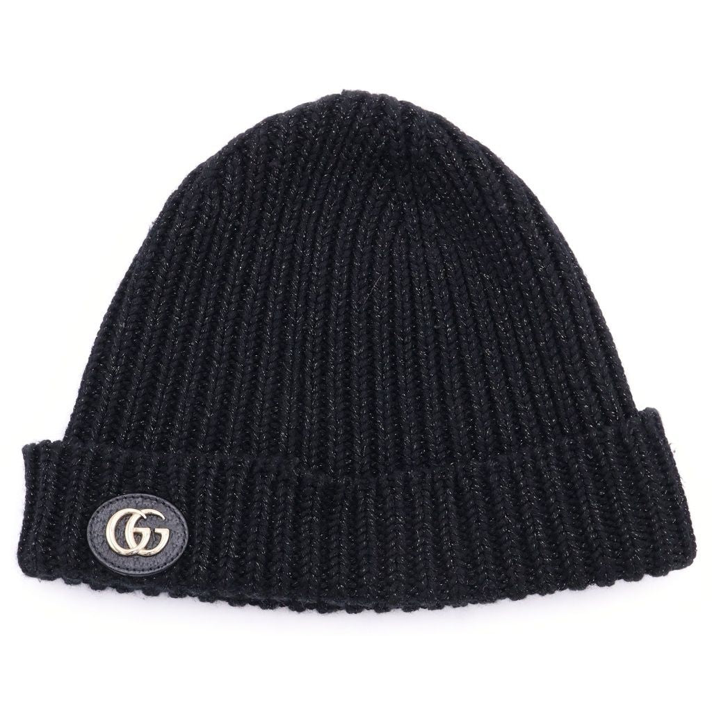 Gucci GG Logo Patch Wool Rib Knit Lame Hat Black