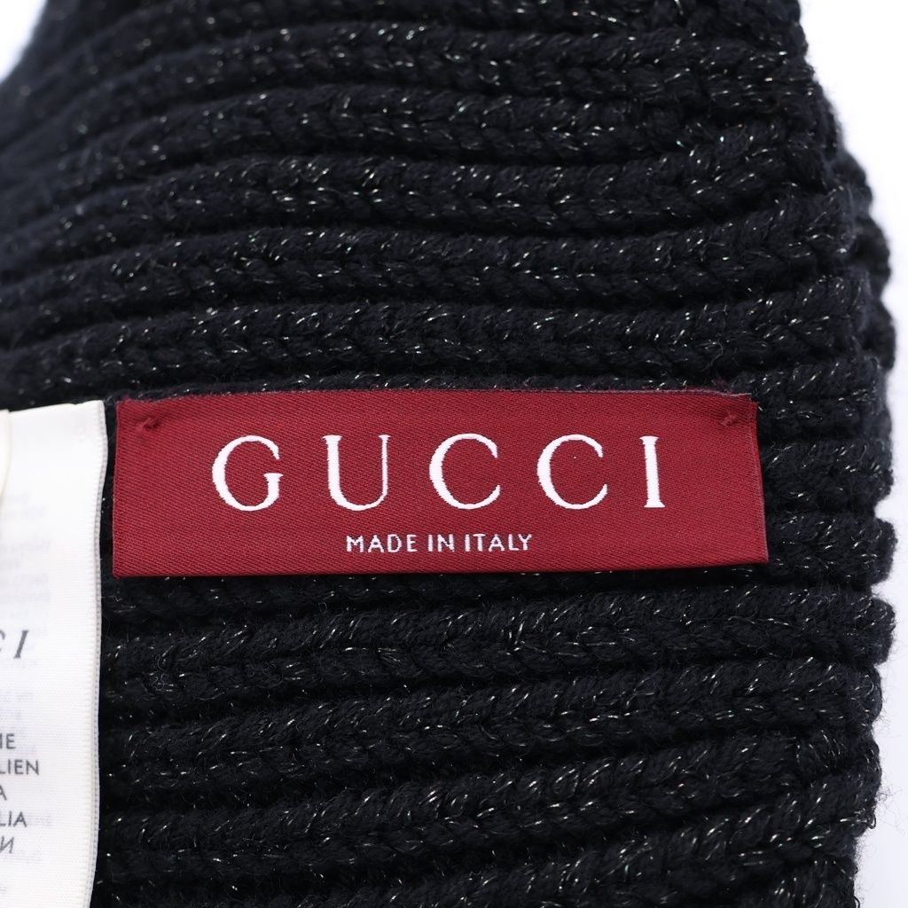 Gucci GG Logo Patch Wool Rib Knit Lame Hat Black — view 7