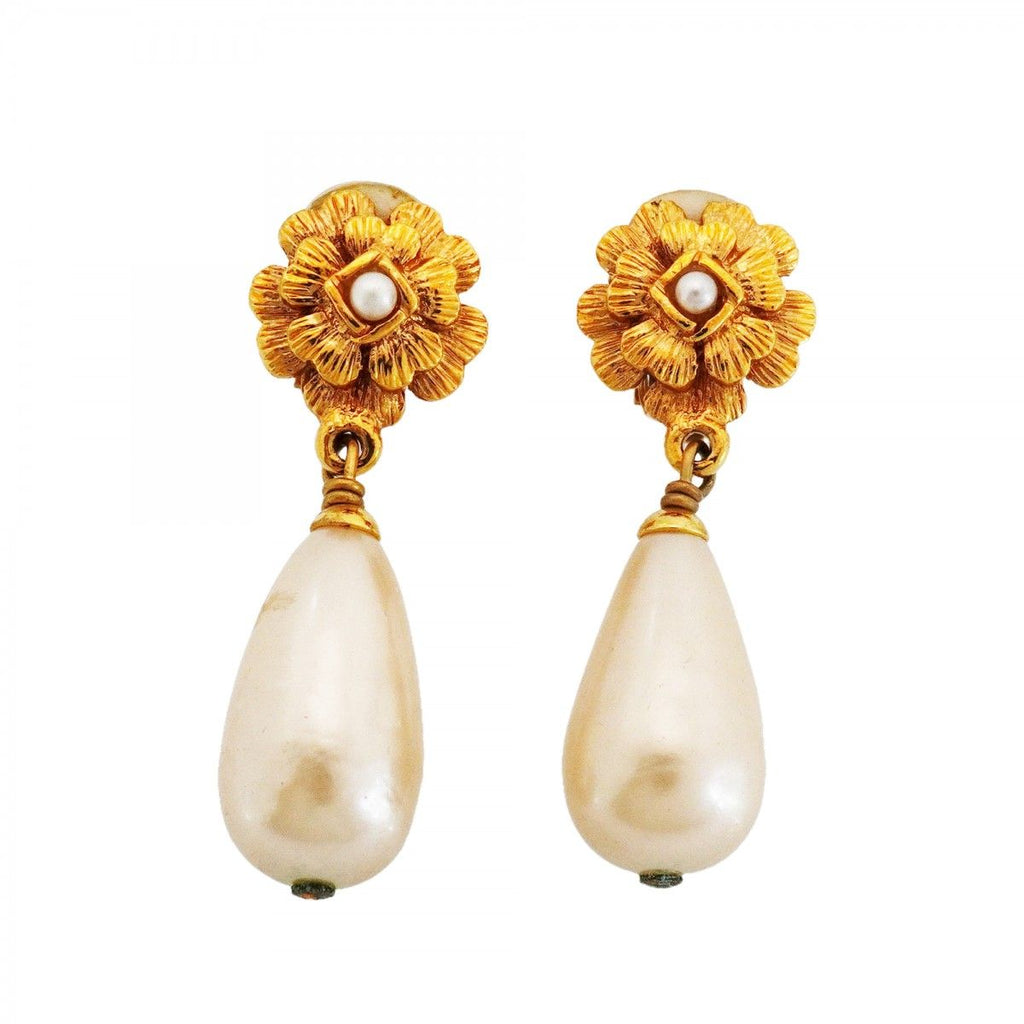 Chanel Earrings Vintage Camellia Gold Plated Faux Pearl