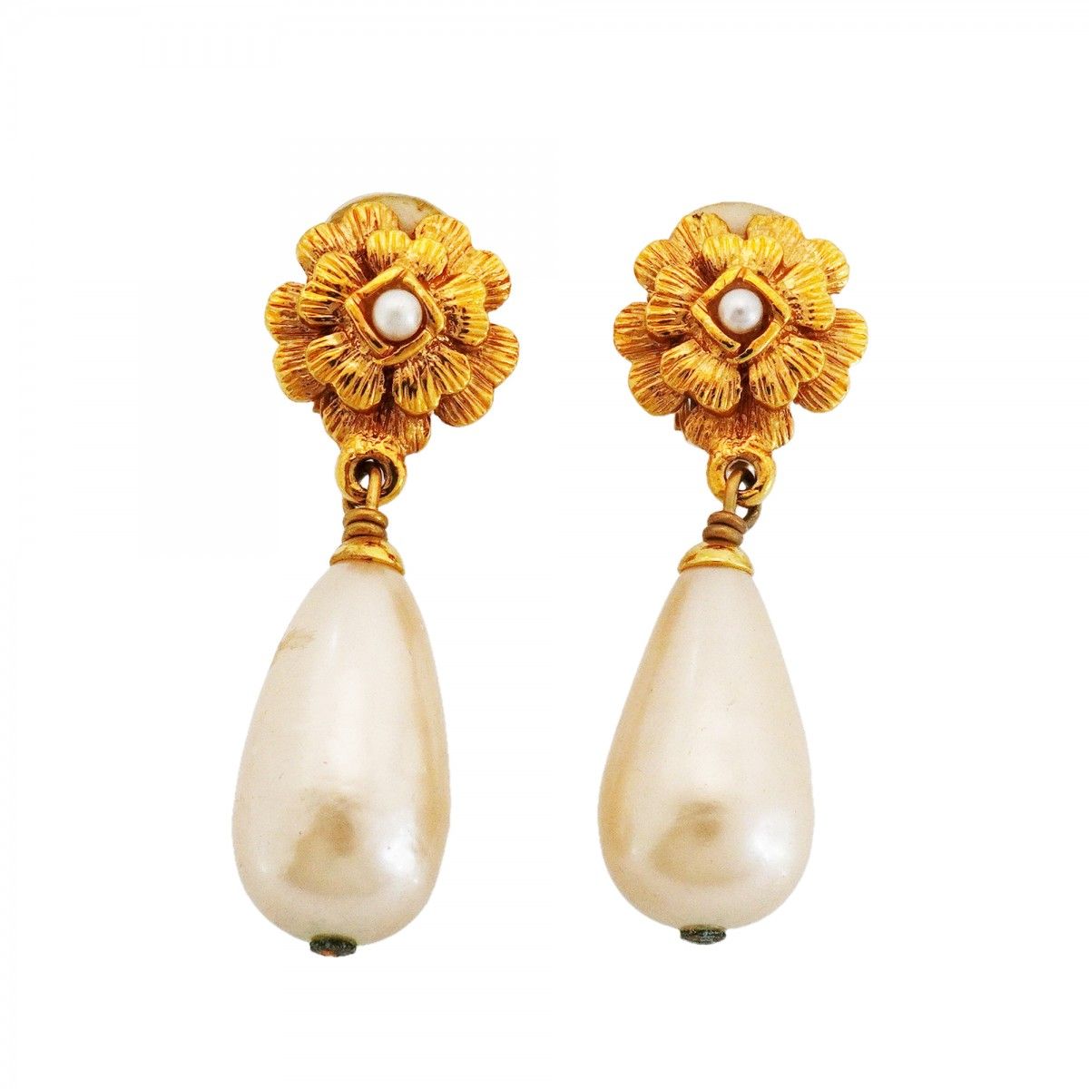 Chanel Earrings Vintage Camellia Gold Plated Faux Pearl