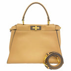 Fendi Handbag Peekaboo Leather Beige Gold 2-Way