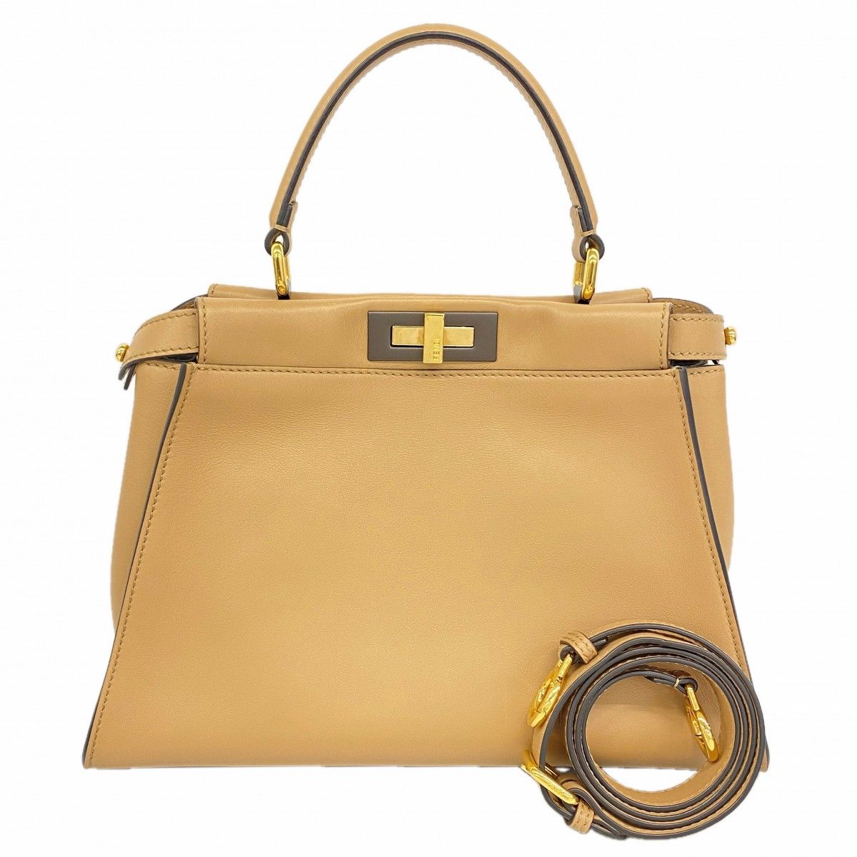 Fendi Handbag Peekaboo Leather Beige Gold 2-Way