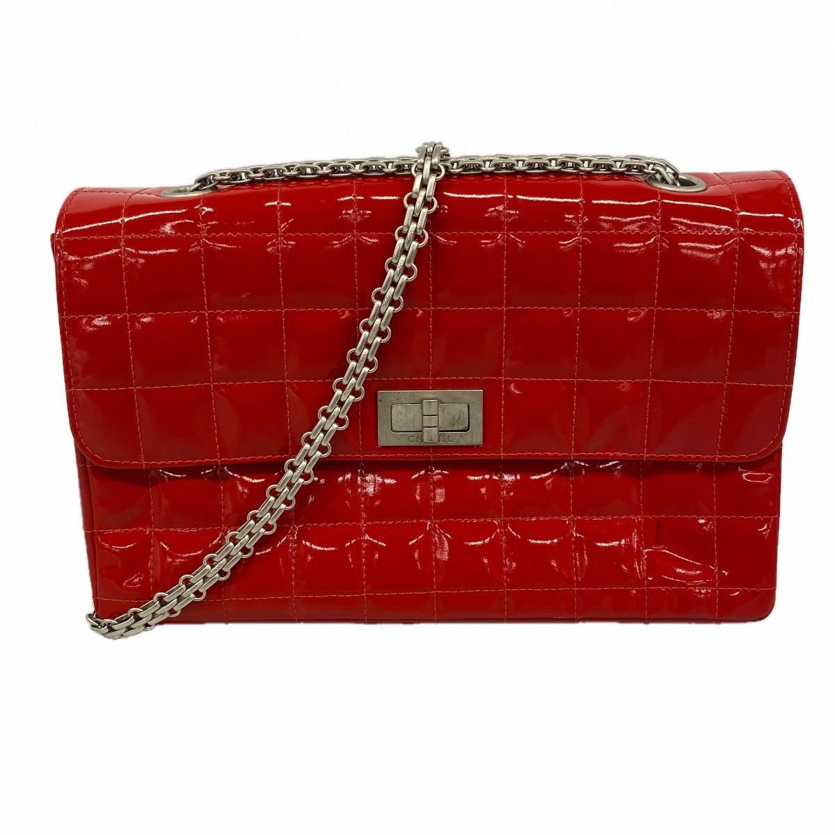 Chanel Shoulder Bag 2.55 Choco Bar Patent Leather Red Silver