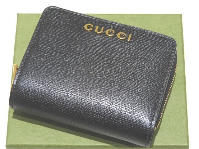 Gucci Script Mini Wallet Bifold Black Leather Gold Logo