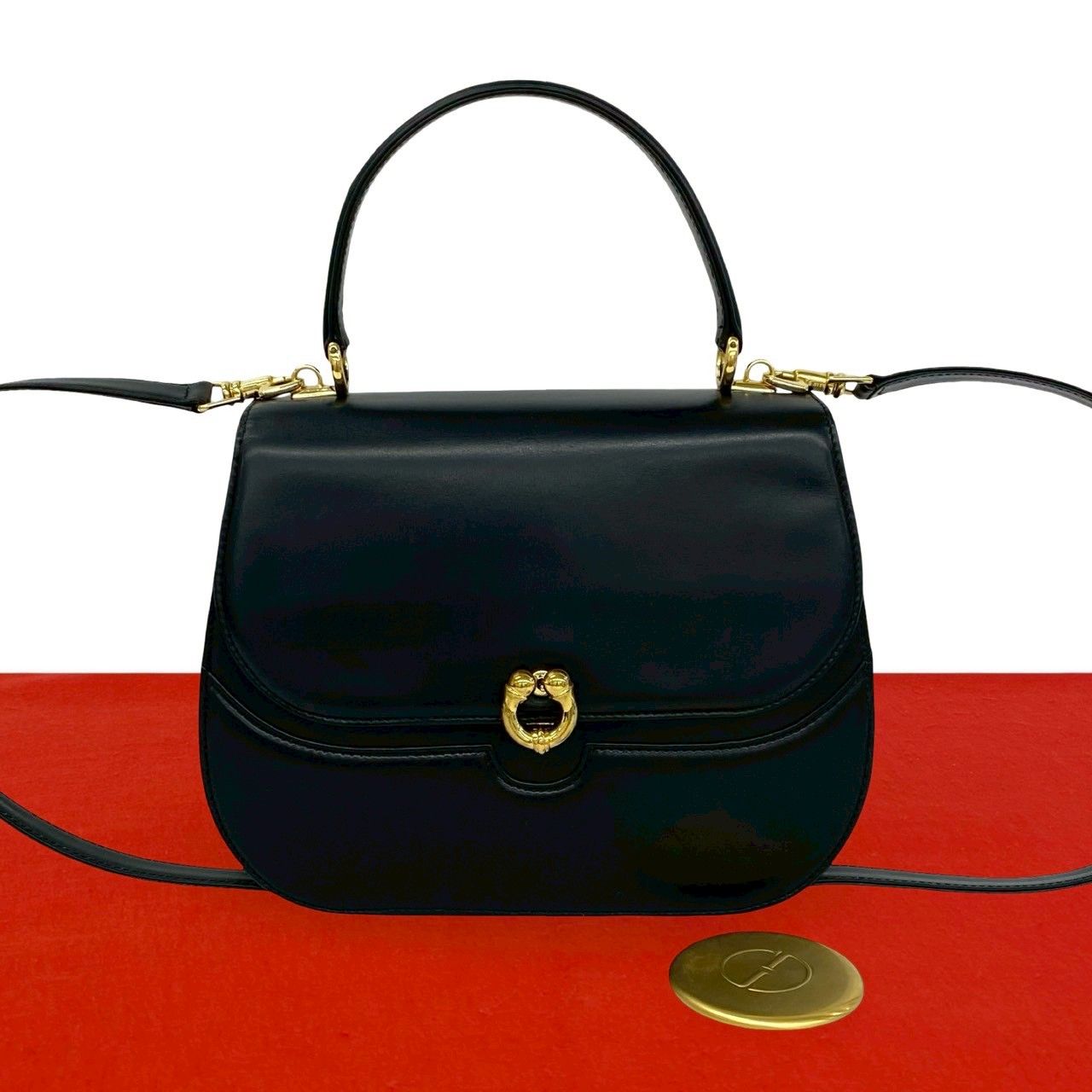 Gucci Vintage Horse Shoe Leather 2-Way Shoulder Bag Black