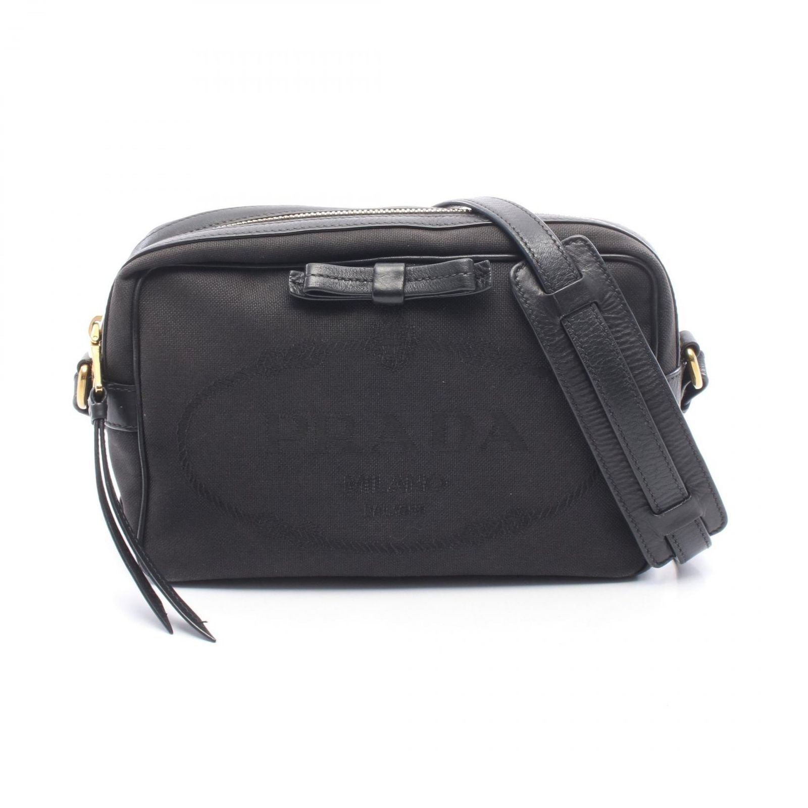 Prada Shoulder Bag Tessuto Soft Calf Black Canvas Leather Logo