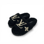Louis Vuitton Paseoline Monogram Sandals Shoes Shearling Black White Mules