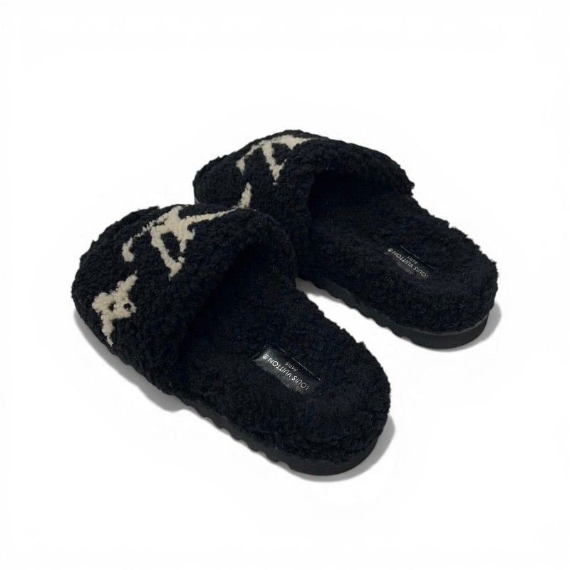 Louis Vuitton Paseoline Monogram Sandals Shoes Shearling Black White Mules — view 4