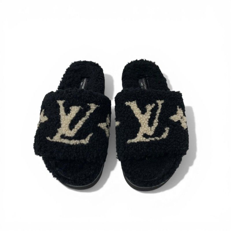 Louis Vuitton Paseoline Monogram Sandals Shoes Shearling Black White Mules — view 2