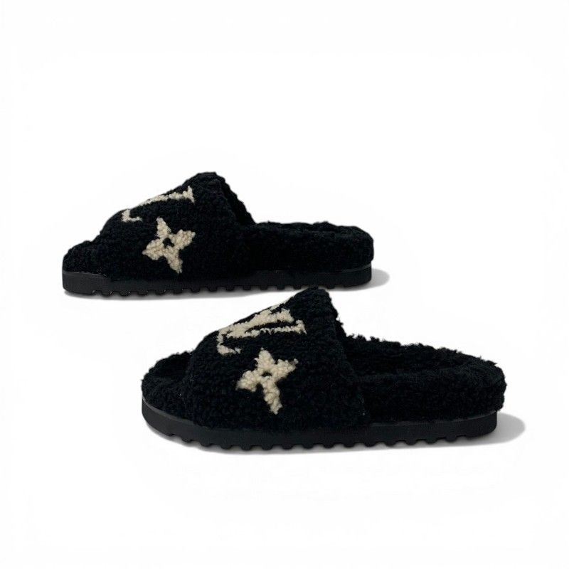 Louis Vuitton Paseoline Monogram Sandals Shoes Shearling Black White Mules — view 3