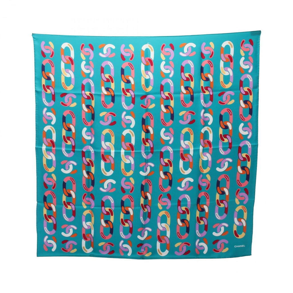 Chanel Scarf CC Logo Chain Pattern Green Silk