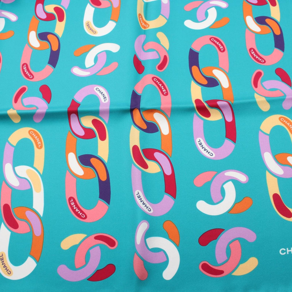 Chanel Scarf CC Logo Chain Pattern Green Silk — view 5