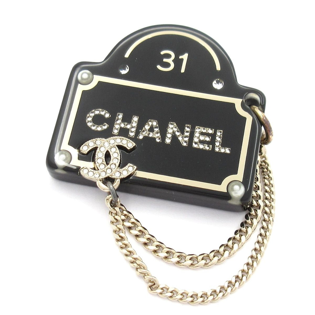 Chanel Brooch Black Gold Clear Rhinestone Chain