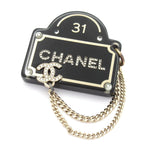 Chanel Brooch Black Gold Clear Rhinestone Chain