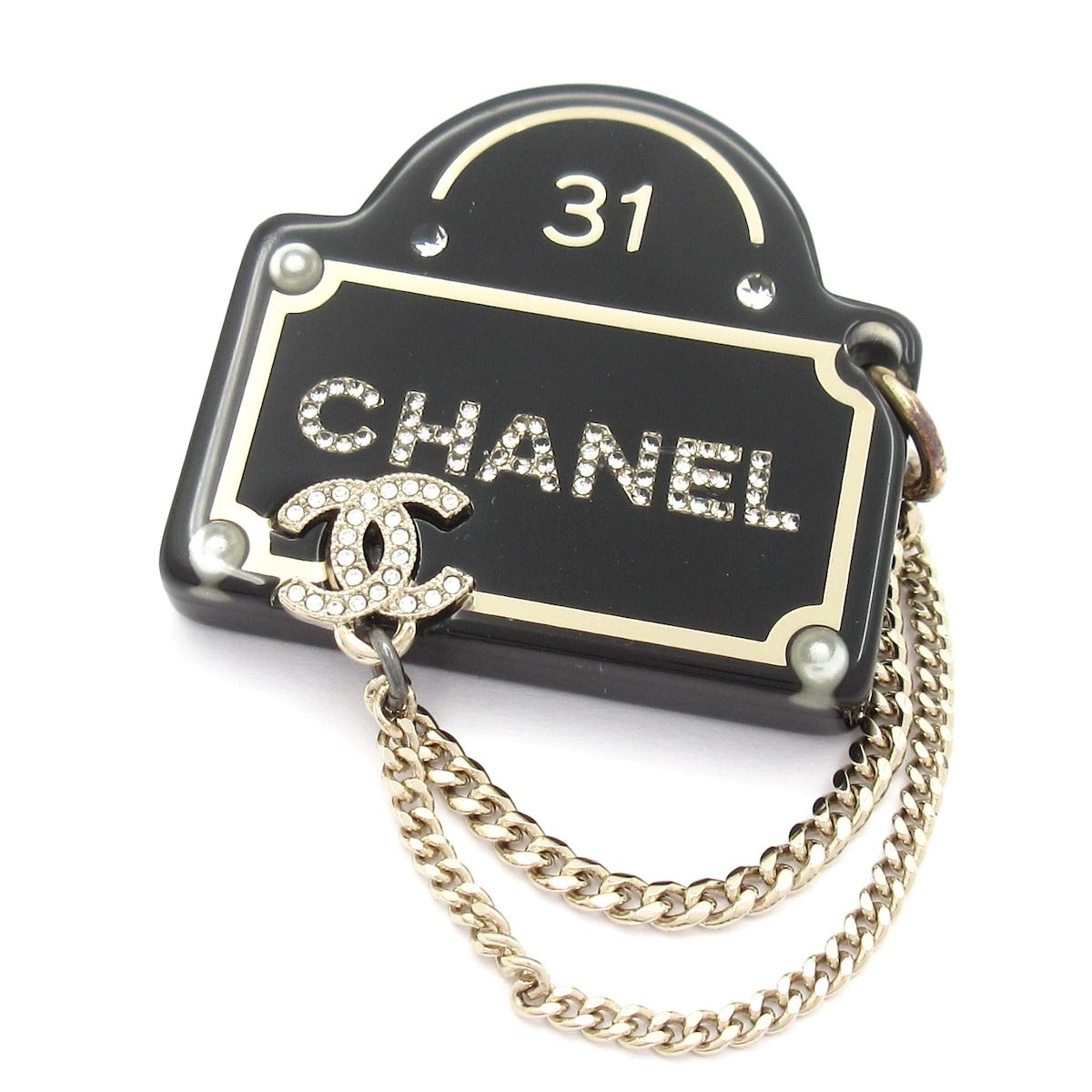 Chanel Brooch Black Gold Clear Rhinestone Chain