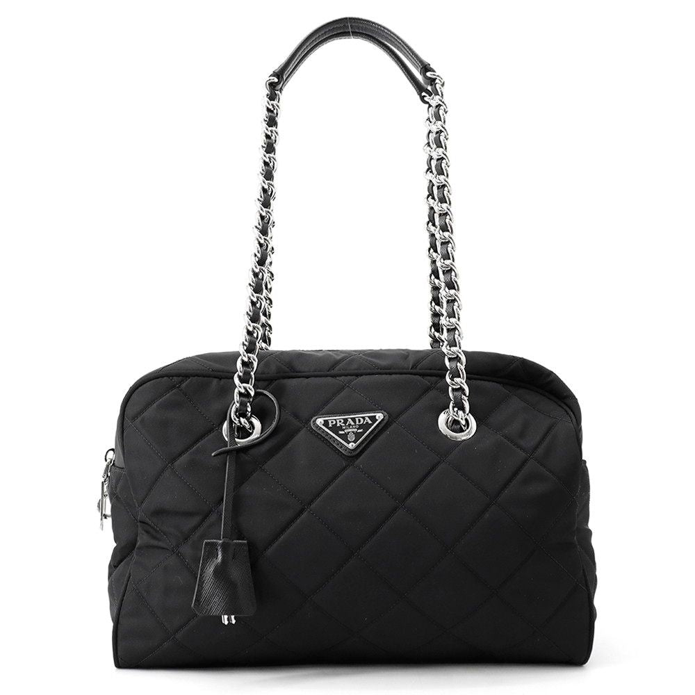 Prada Chain Shoulder Bag Triangle Logo Quilted Nylon Black
