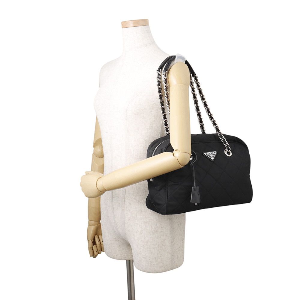 Prada Chain Shoulder Bag Triangle Logo Quilted Nylon Black — view 4