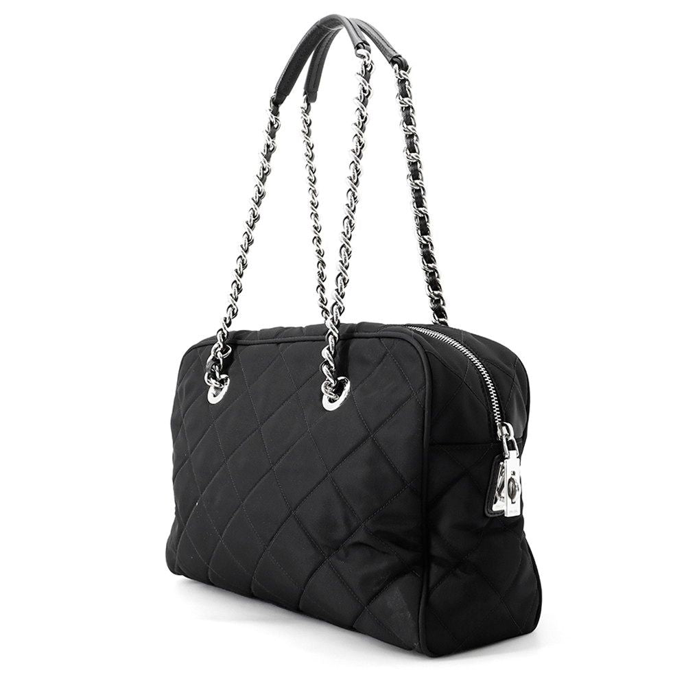 Prada Chain Shoulder Bag Triangle Logo Quilted Nylon Black — view 2