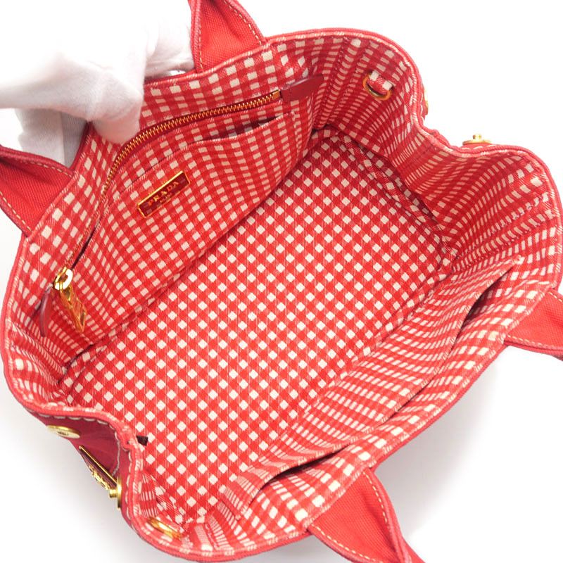 Prada Canapa Mini 2-Way Tote Red Gingham Check — view 8