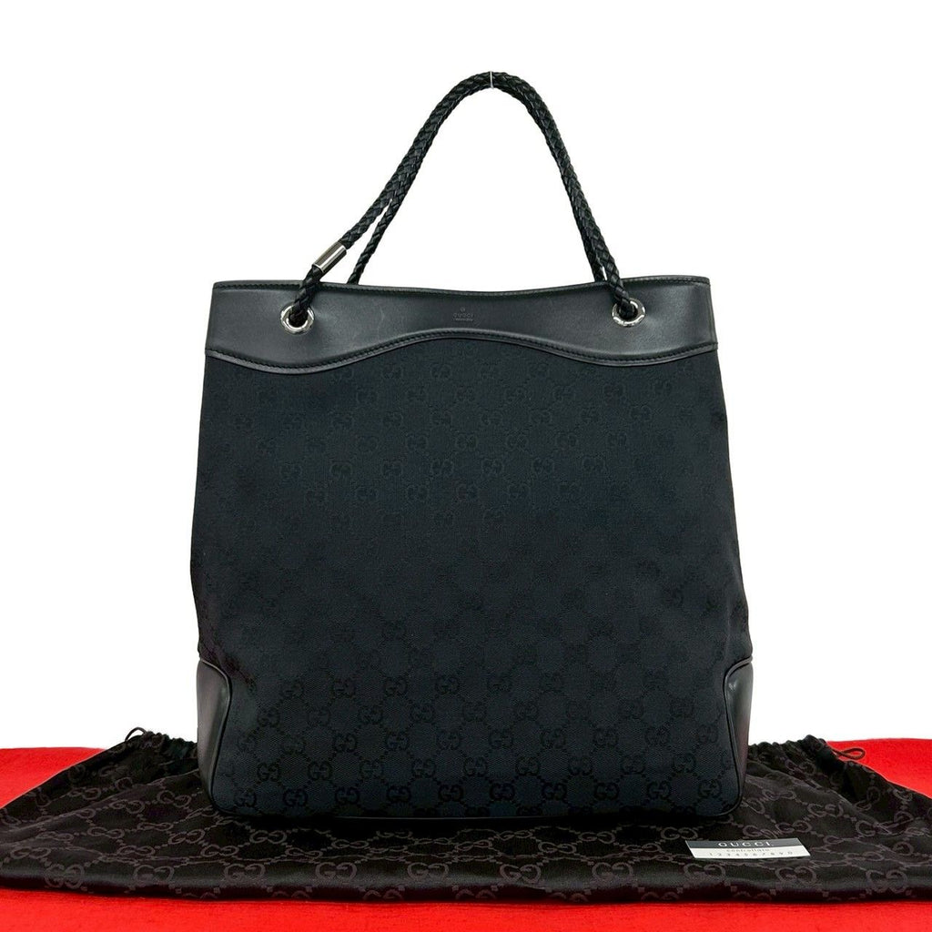 Gucci GG Canvas Pattern Leather Tote Shoulder Bag Black