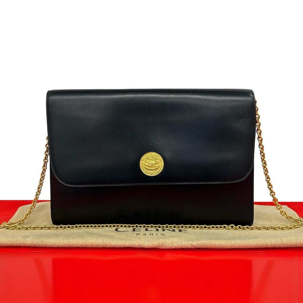 Celine Vintage Medallion Circle Globe Logo Leather Shoulder Bag Black