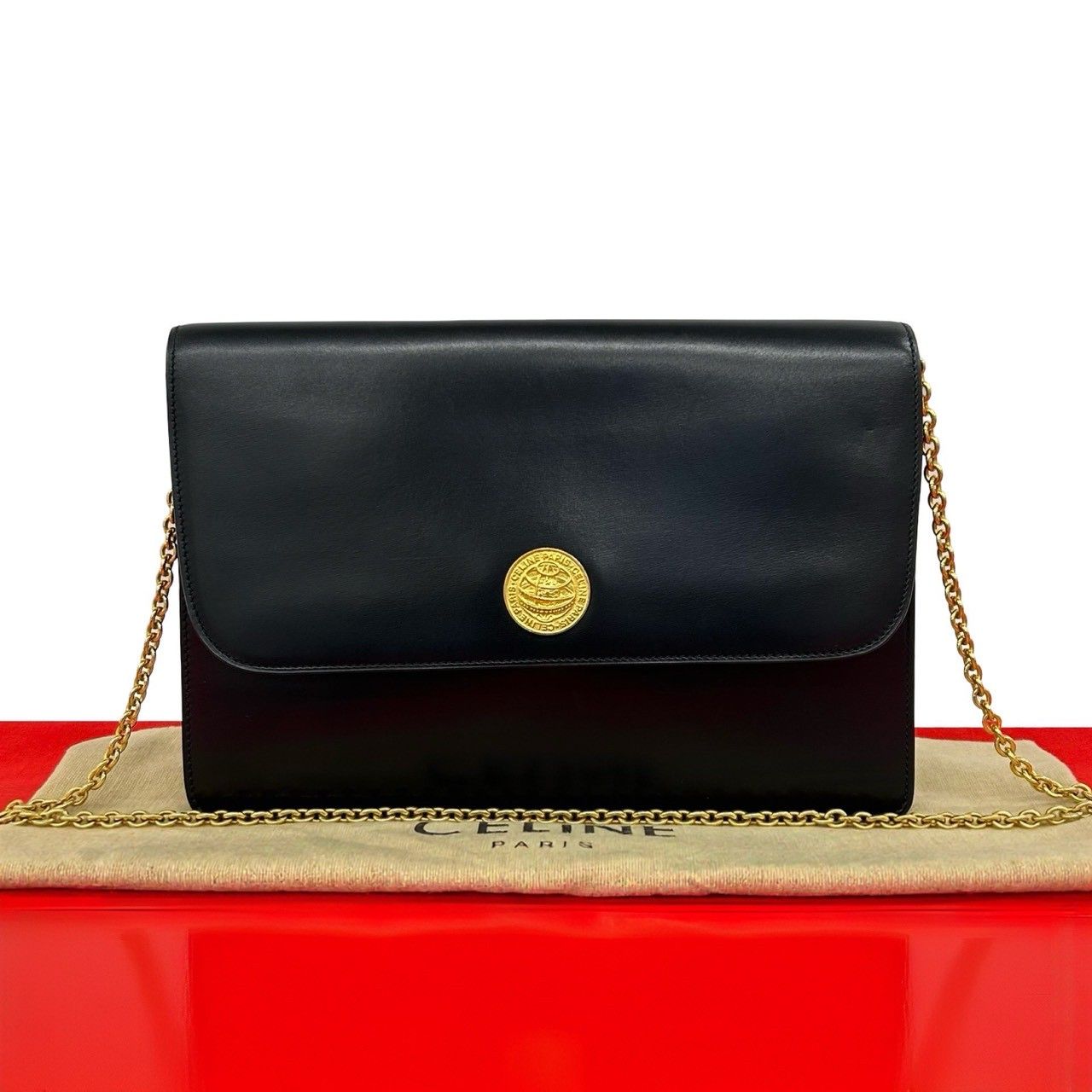 Celine Vintage Medallion Circle Globe Logo Leather Shoulder Bag Black