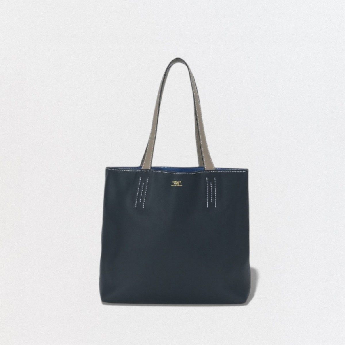 Hermes Double Sens 28 Tote Swift Etoupe Noir Azur Gray Black Blue