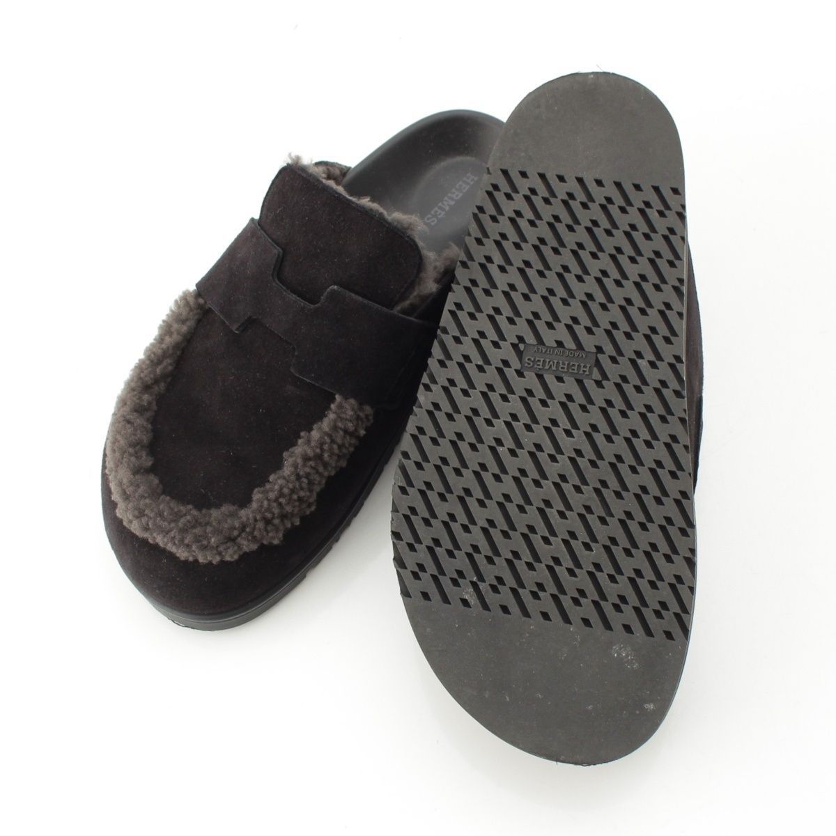 Hermes Go Vo Vellore Shearling Sandals Black — view 5