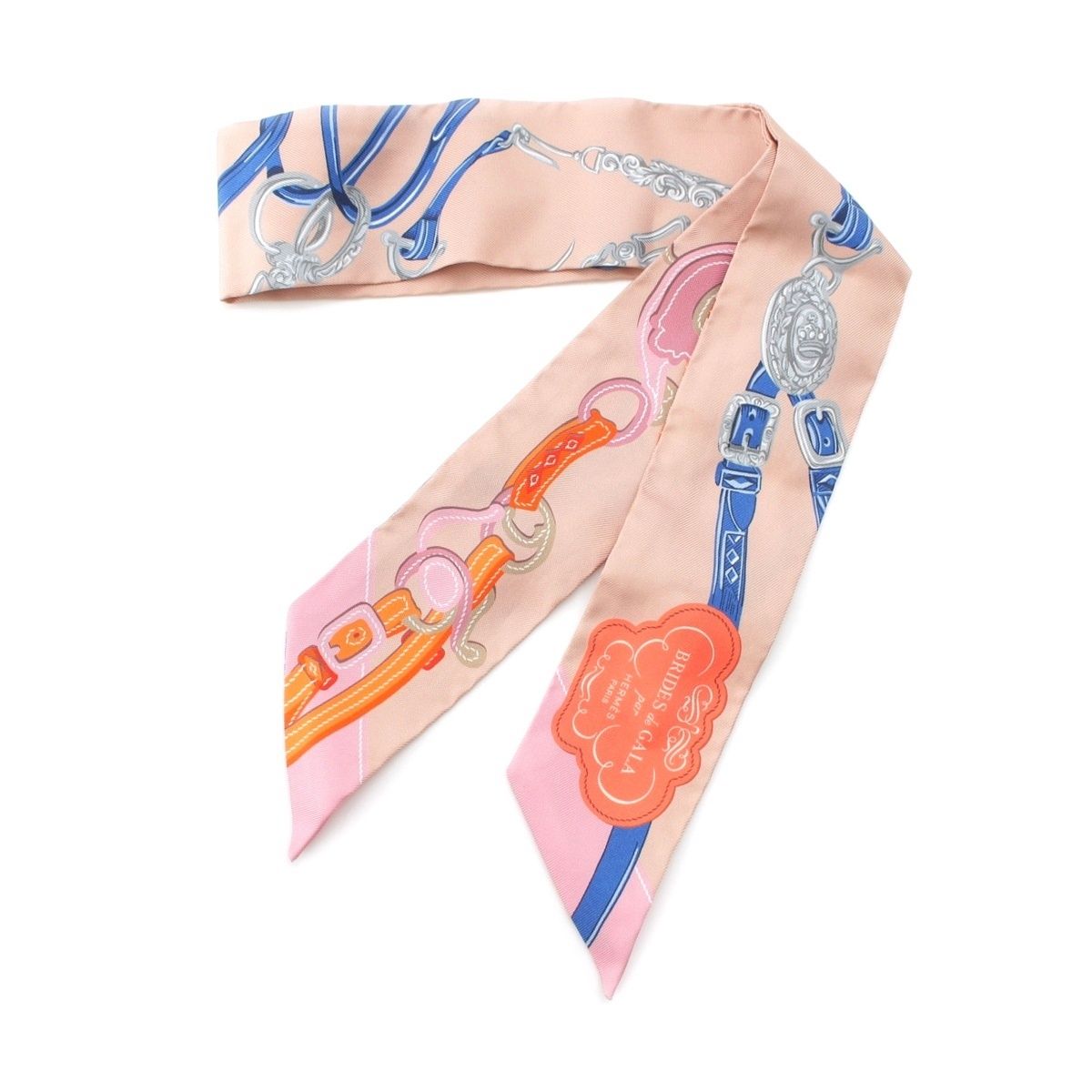 Hermes Twilly Brides de Gala Applique Pique Silk Scarf Beige