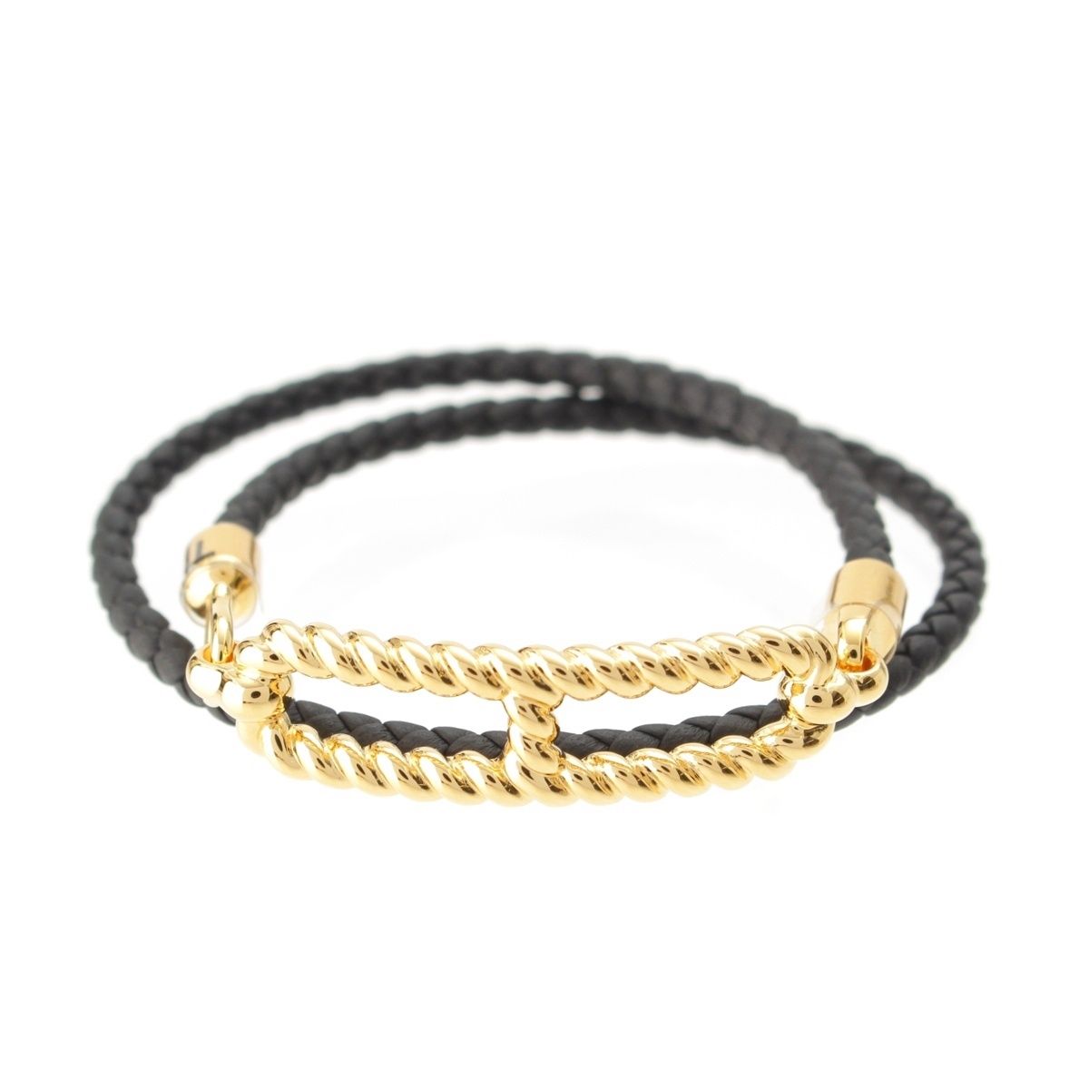 Hermes Roulis Godronne Double Tour Leather Bracelet Gold Black