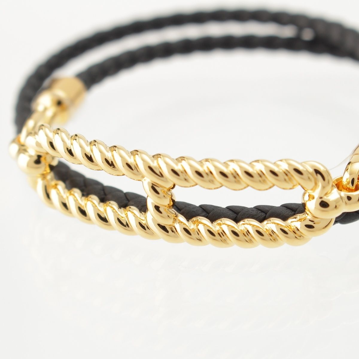 Hermes Roulis Godronne Double Tour Leather Bracelet Gold Black — view 6