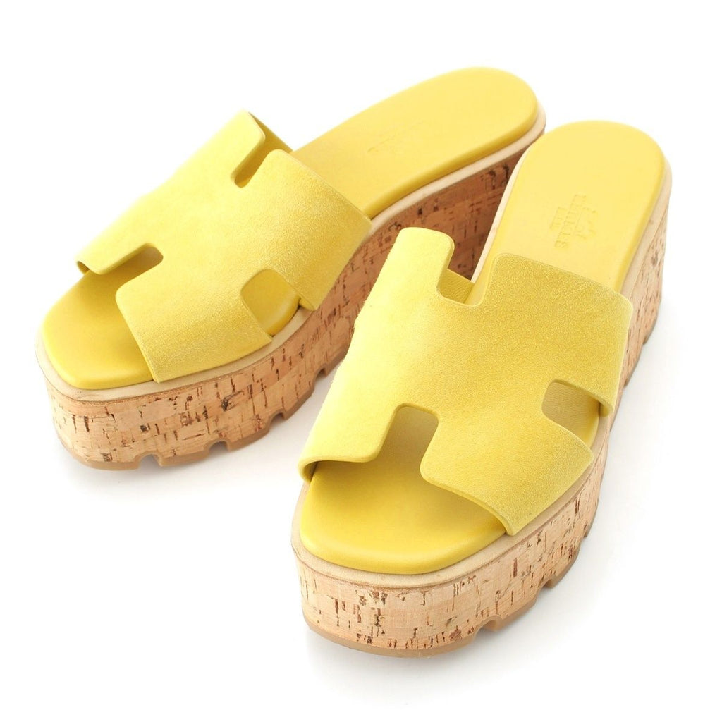 Hermes Eze Cork Sole Platform Sandals Shoes Yellow