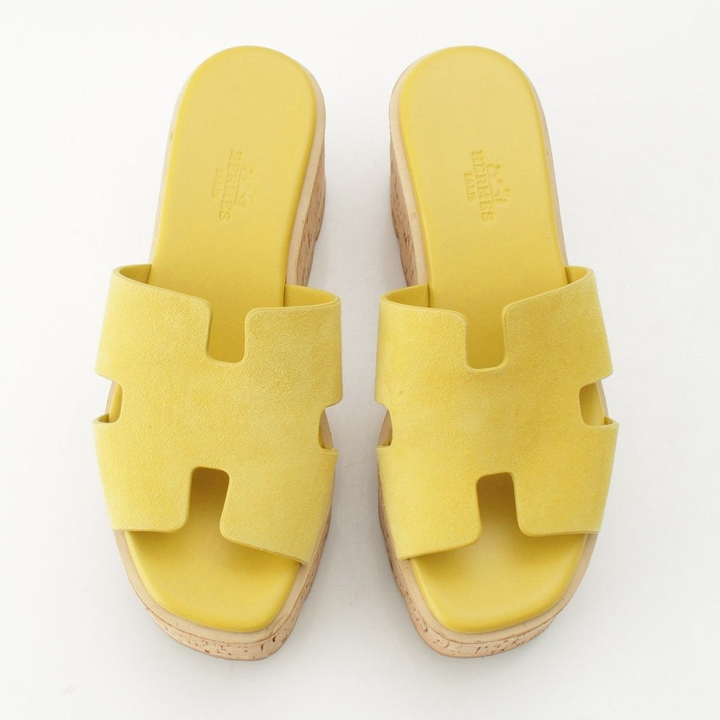 Hermes Eze Cork Sole Platform Sandals Shoes Yellow — view 2