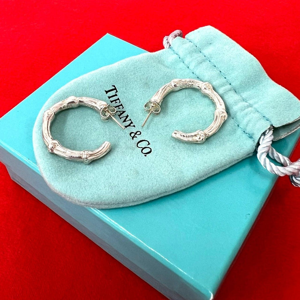 Tiffany & Co Box Vintage Bamboo Hoop Earrings 925 Sterling Silver