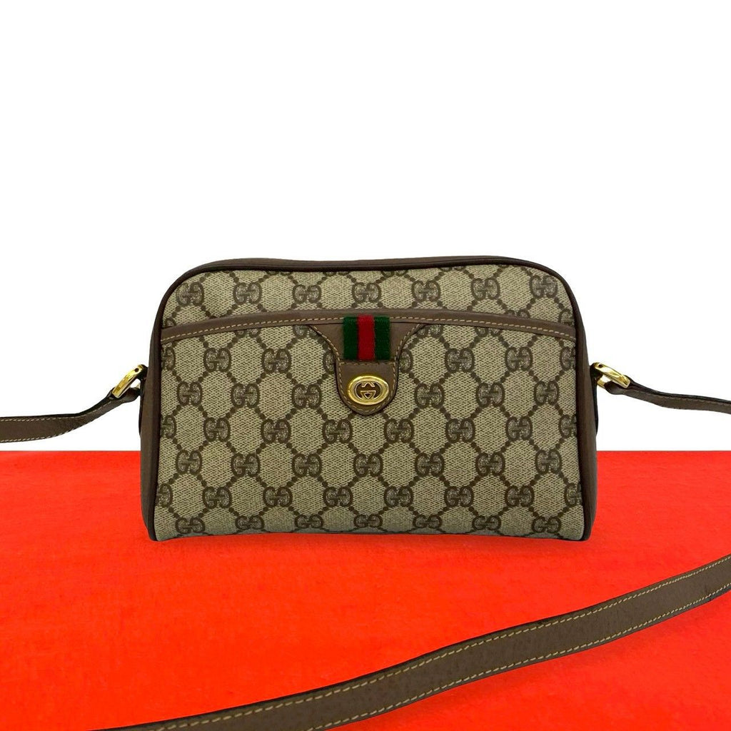 Gucci Vintage Sherry Line GG Logo Leather Shoulder Bag Brown