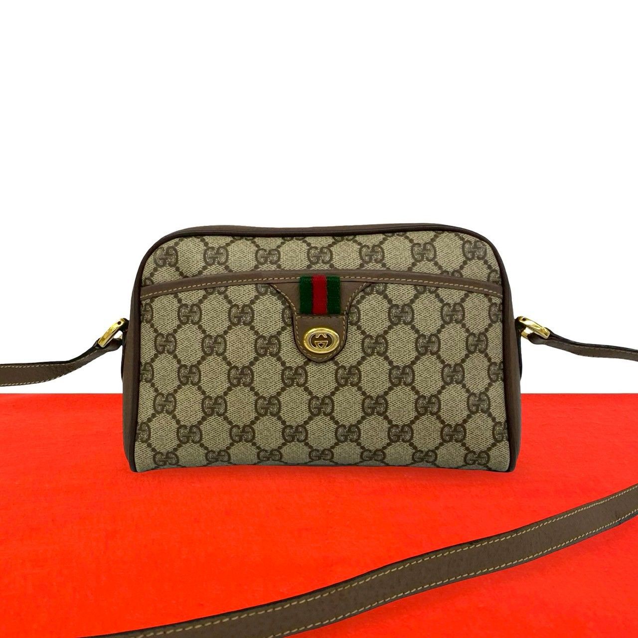 Gucci Vintage Sherry Line GG Logo Leather Shoulder Bag Brown