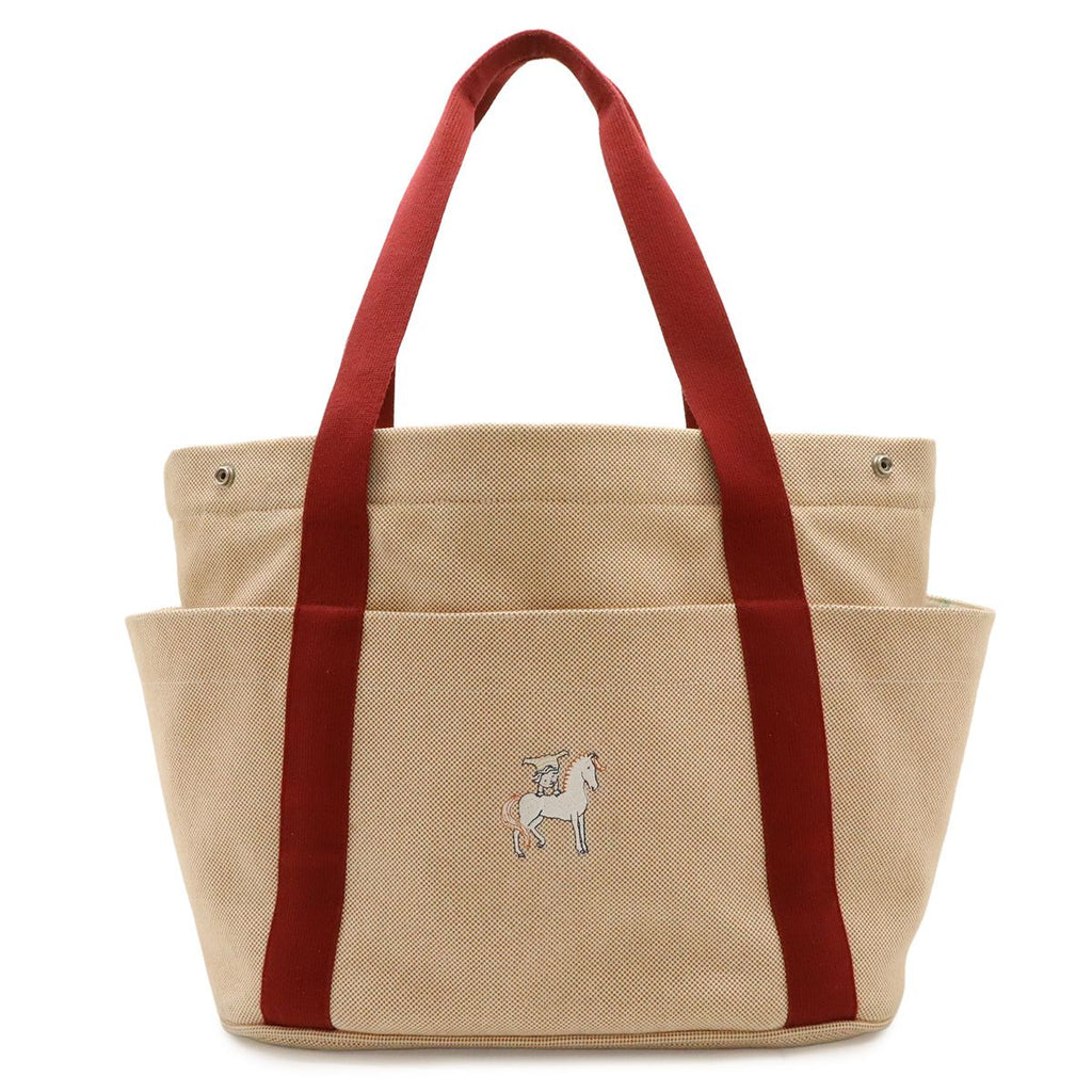 Hermes Cabrio Mother's Tote Shoulder Bag Horse Embroidery Canvas Cotton Orange