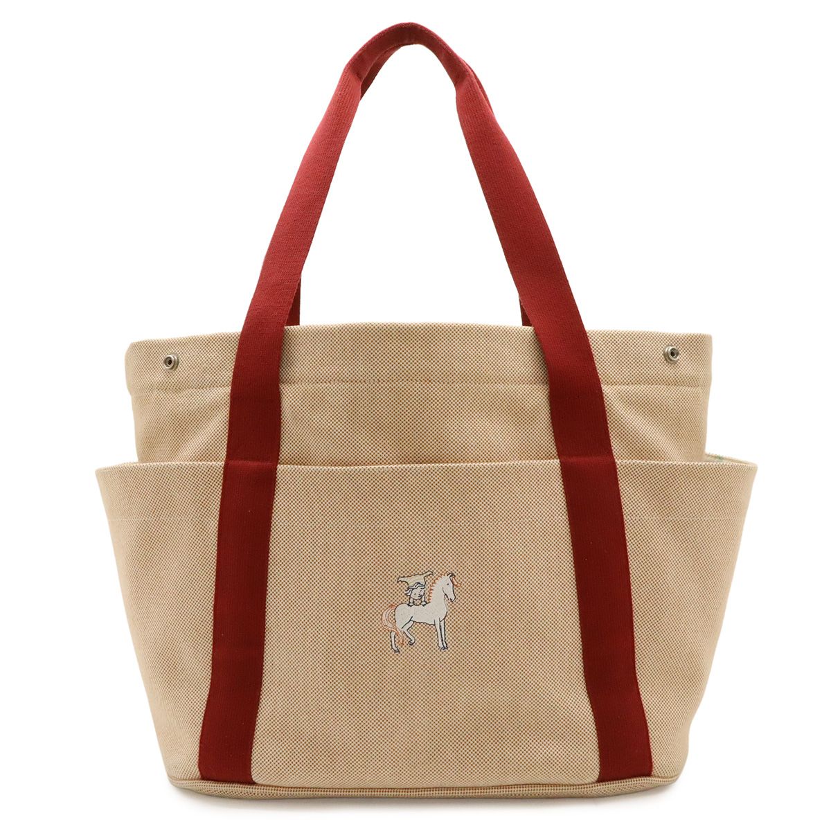 Hermes Cabrio Mother's Tote Shoulder Bag Horse Embroidery Canvas Cotton Orange