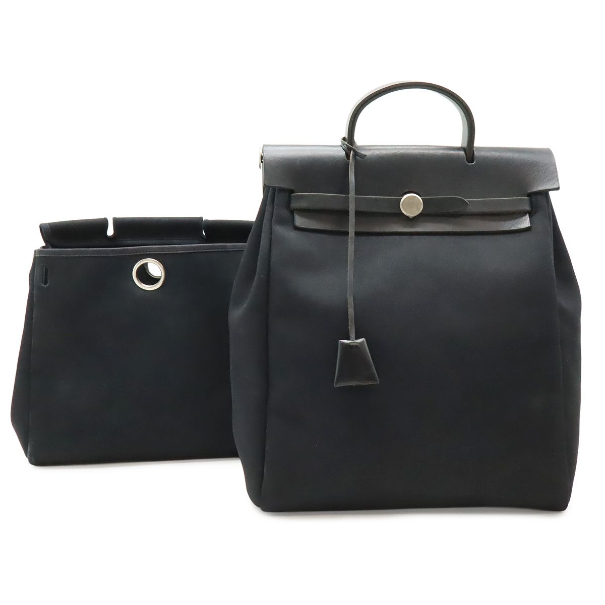 Hermes Herbag a Dos PM Backpack 2-Way Handbag Toile Officier Leather Black