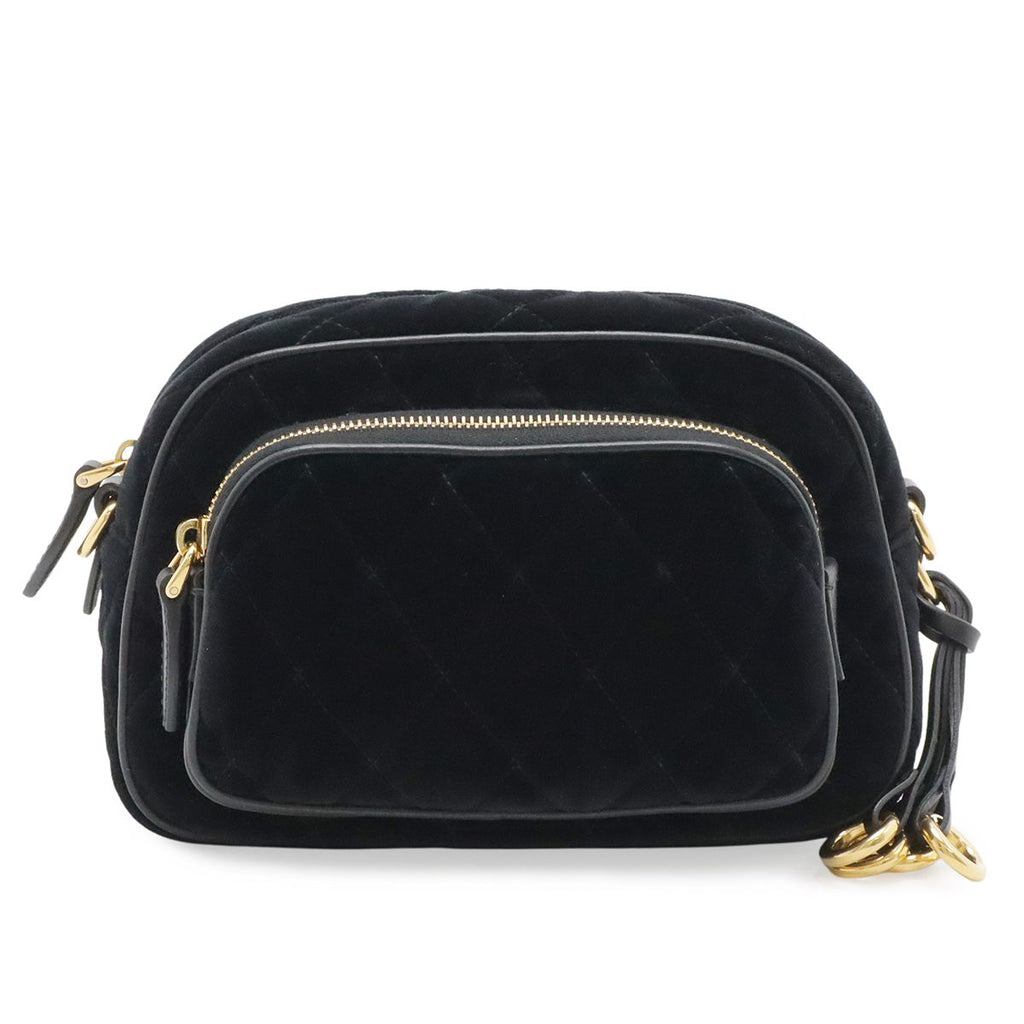 Prada Quilted Belt Bag Waist Pouch 2-Way Clutch Velour Nero Black Gold