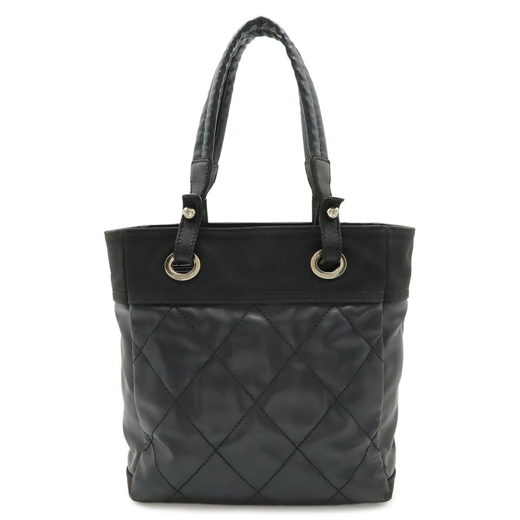 Chanel Paris Biarritz Tote PM Shoulder Bag Satin Black Silver