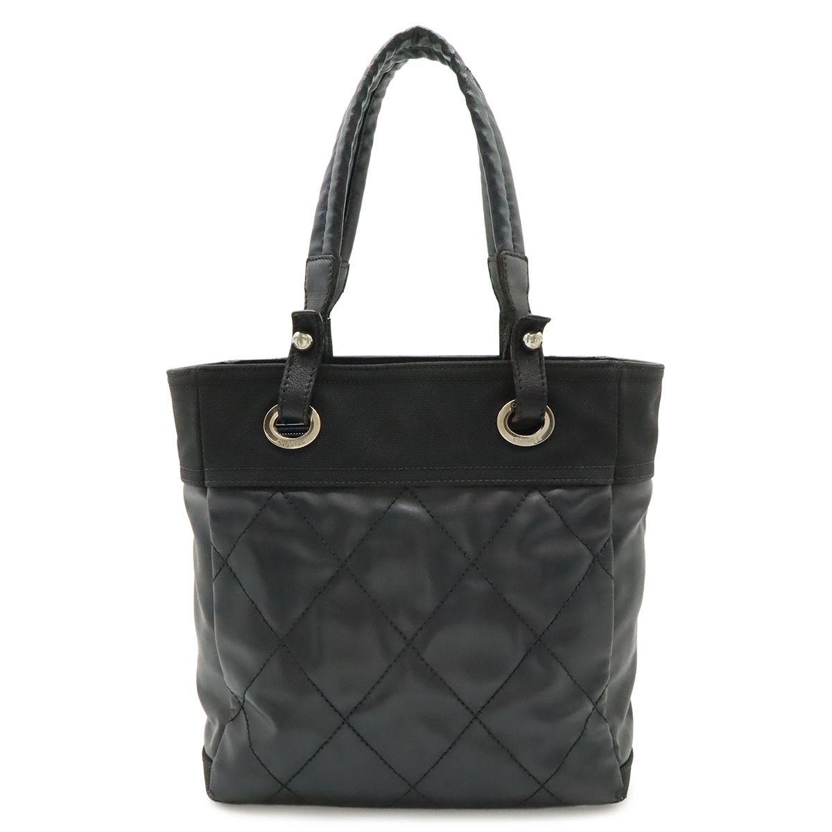 Chanel Paris Biarritz Tote PM Shoulder Bag Satin Black Silver
