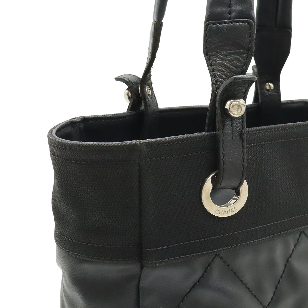 Chanel Paris Biarritz Tote PM Shoulder Bag Satin Black Silver — view 8